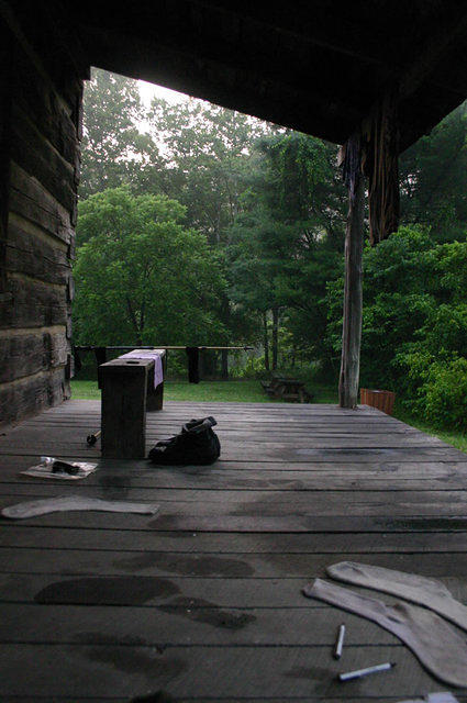 Drying my cloths on the front porch of the Gladie log cabin